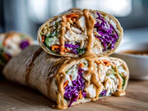 A cross-section view of a delicious thai peanut chicken wrap, filled with chicken, red cabbage, and carrots, drizzled heavily with peanut sauce.
