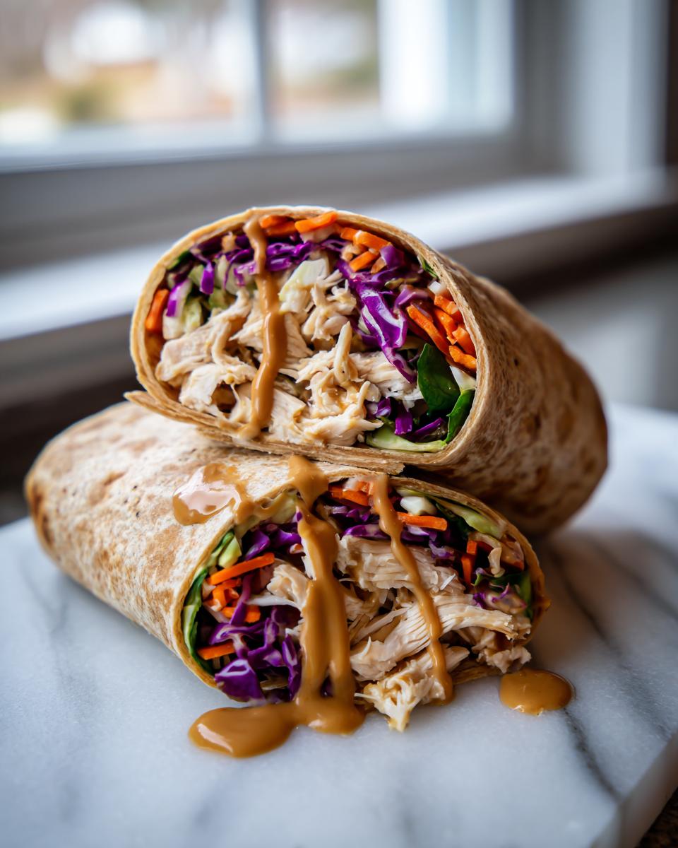Two halves of a thai peanut chicken wrap, filled with shredded chicken and colorful slaw, drizzled generously with peanut sauce.