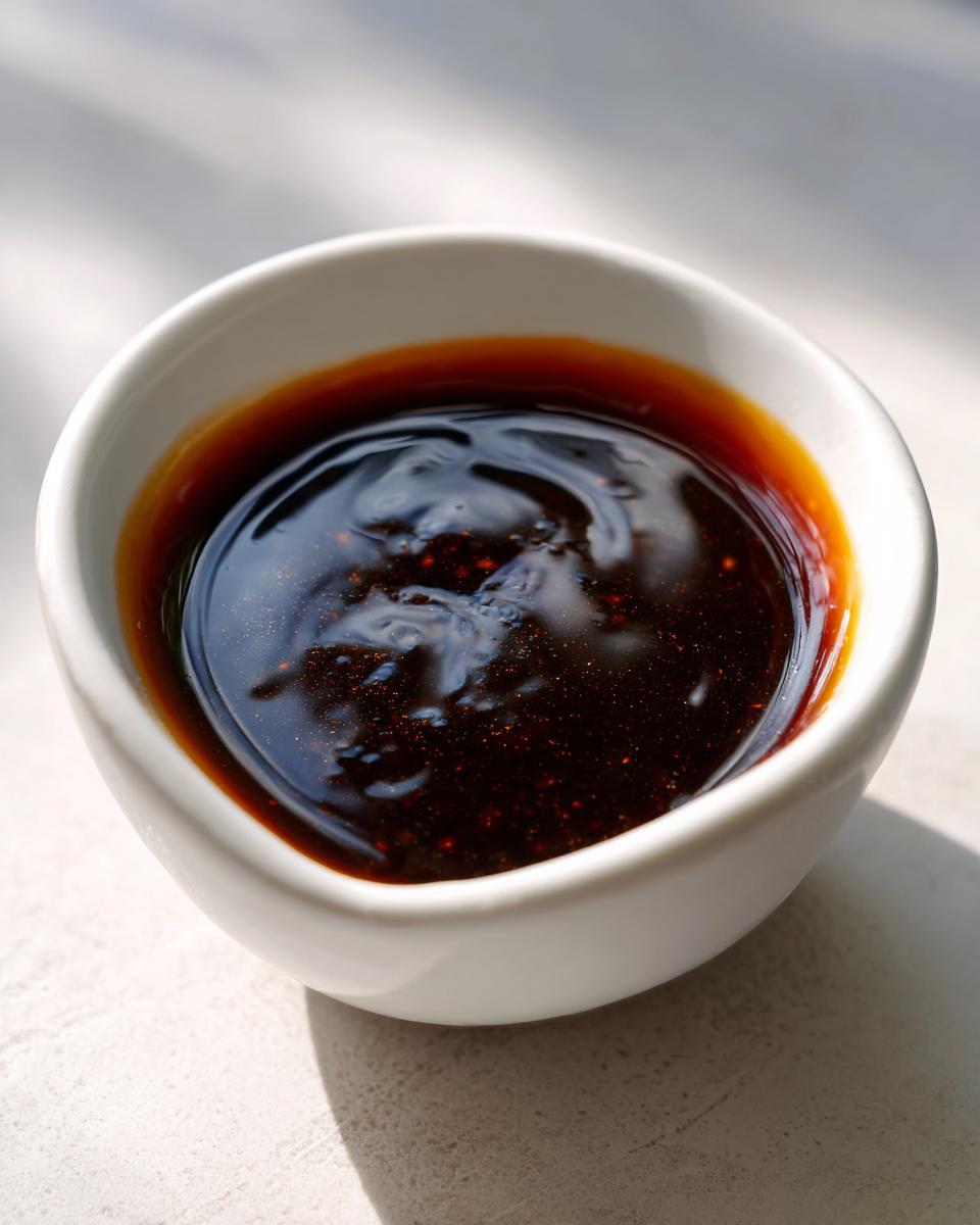 Close-up of thick, dark, glossy homemade japanese teriyaki sauce in a small white dipping bowl.