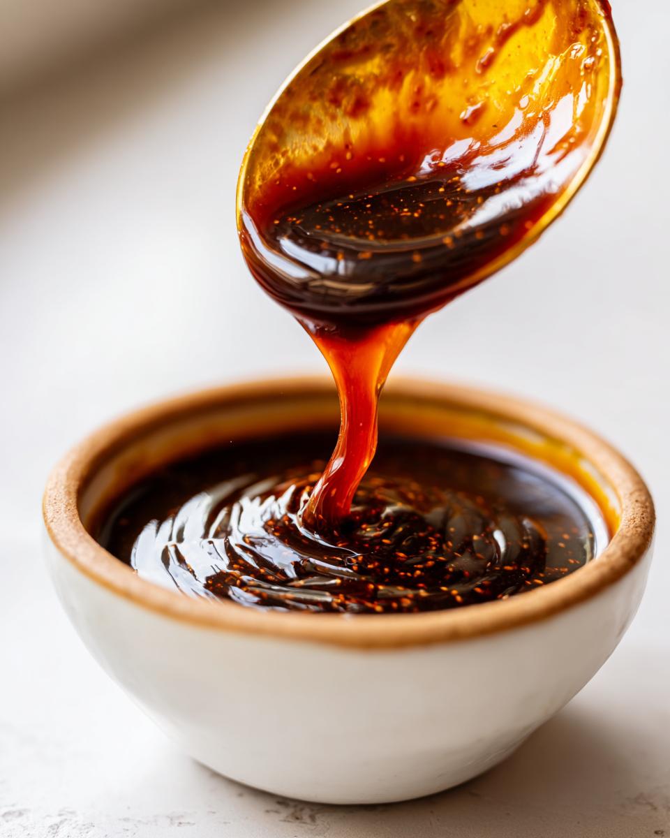 A close-up shot of thick, glossy japanese teriyaki sauce dripping from a spoon into a small white bowl.
