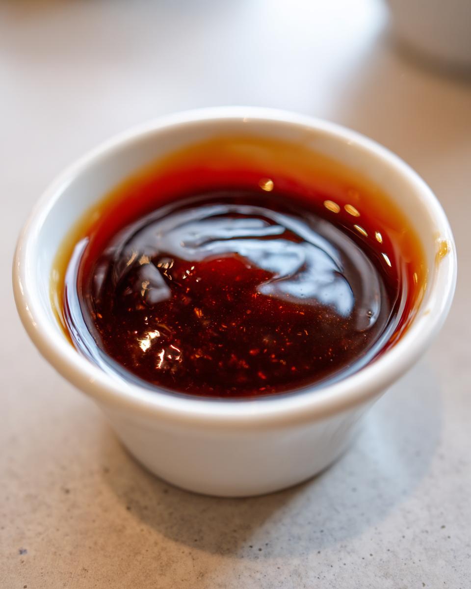 Close-up of thick, glossy, dark brown japanese teriyaki sauce in a small white dipping bowl.