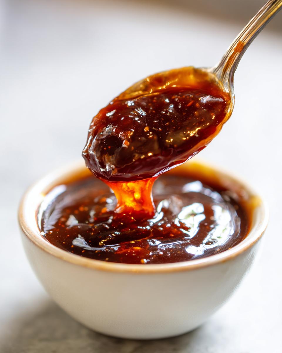 Close-up of thick, glossy japanese teriyaki sauce dripping from a silver spoon back into a small white bowl.