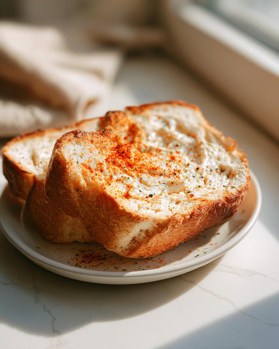 Two slices of toasted bread with a creamy spread and sprinkled paprika, served on a small white plate.