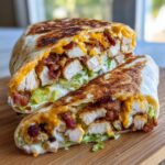 A toasted chicken bacon ranch wrap cut in half, showing layers of chicken, bacon, cheese, and ranch sauce.