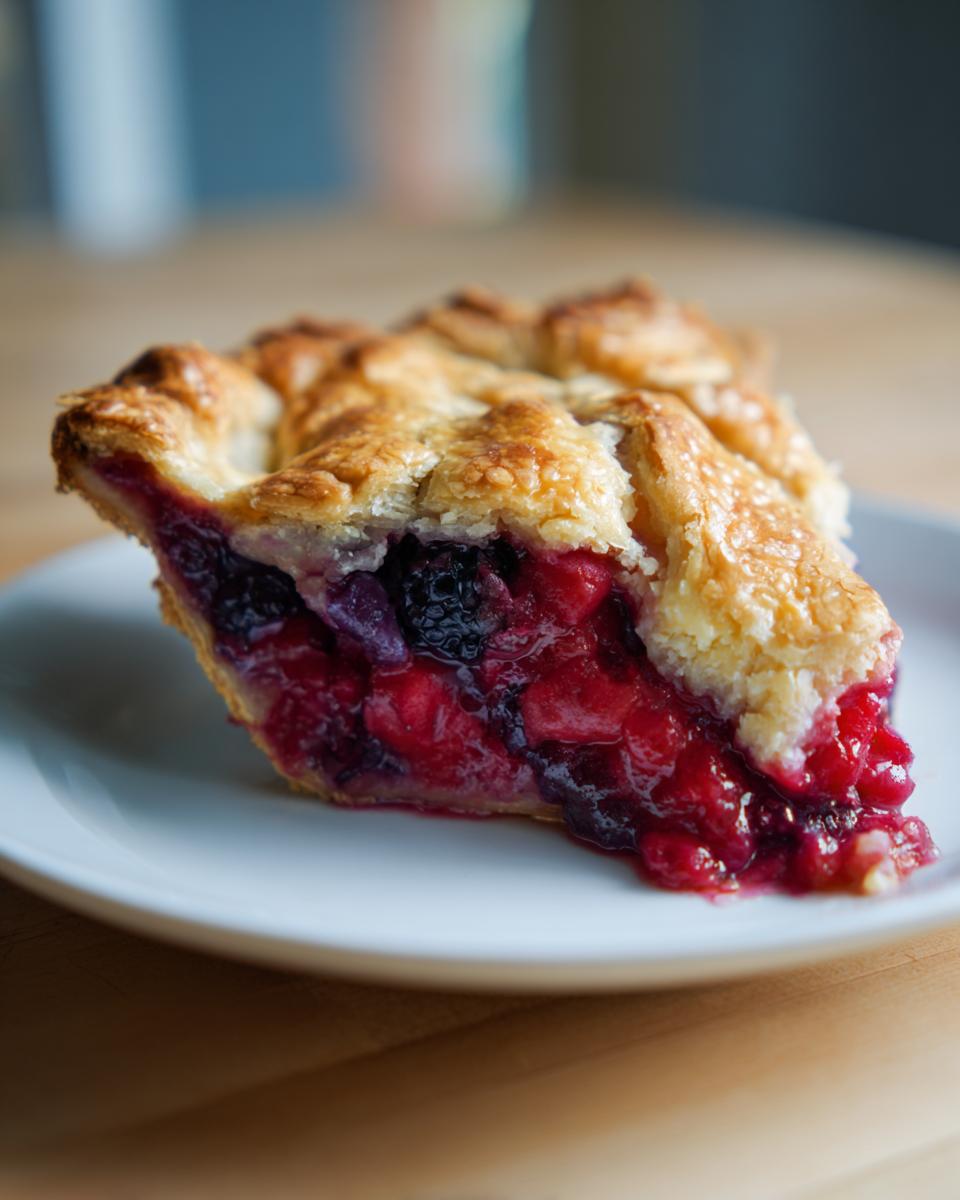 Close-up of a slice of triple berry pie showing a flaky golden crust and vibrant red and purple berry filling.
