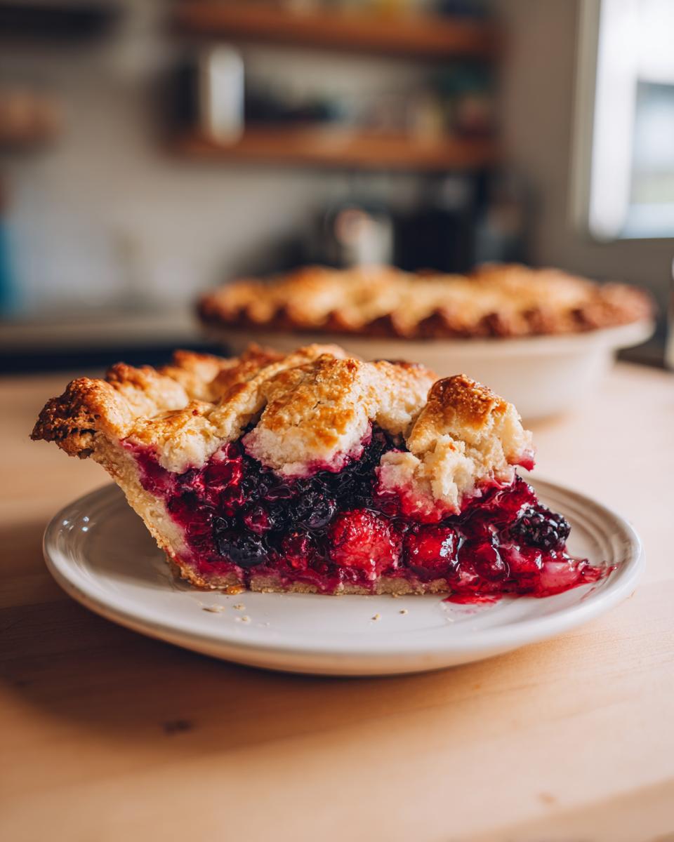 A close-up of a slice of triple berry pie showing a flaky crust and vibrant, juicy mixed berry filling.