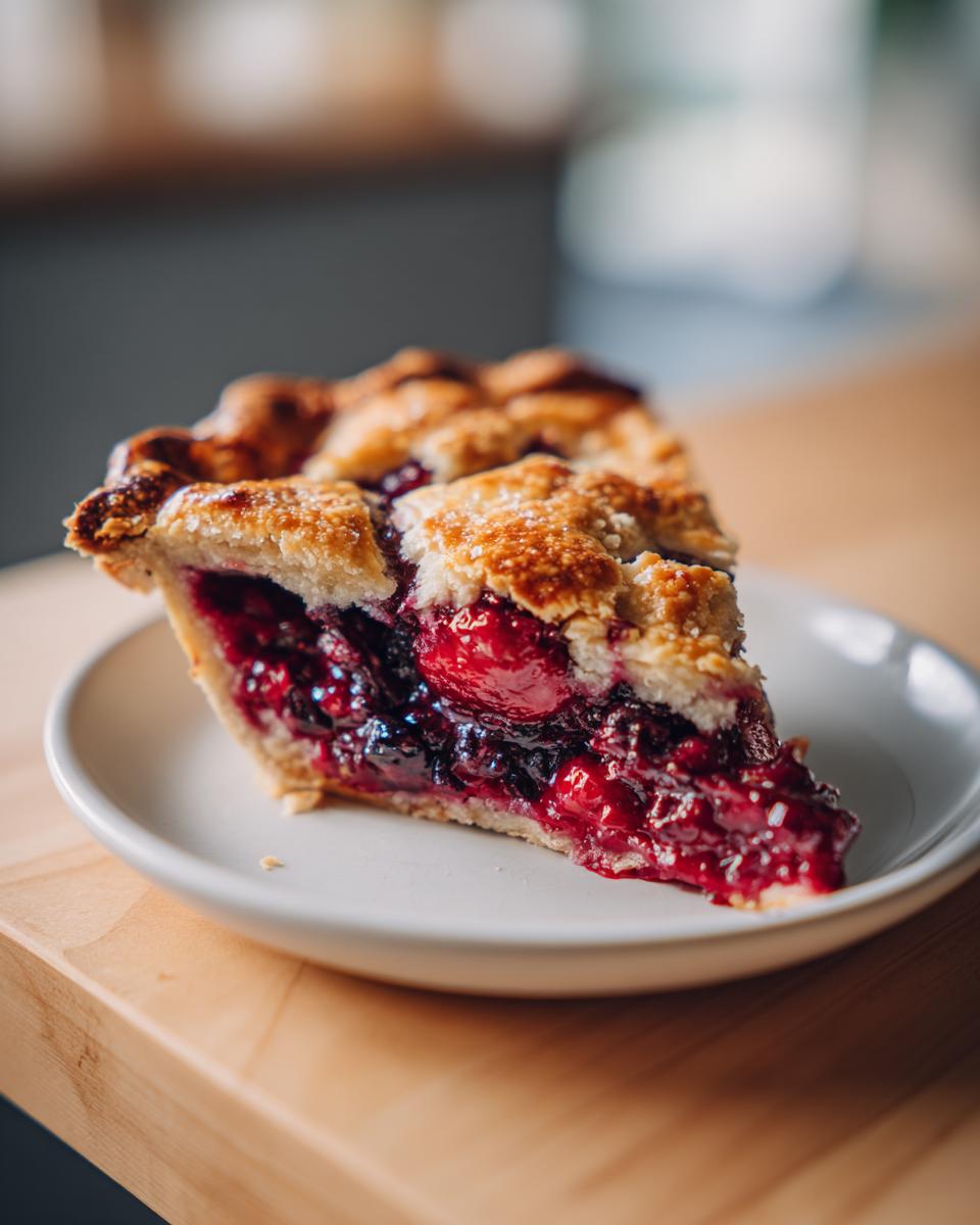 A close-up of a perfect slice of triple berry pie showing the juicy berry filling and golden lattice crust.
