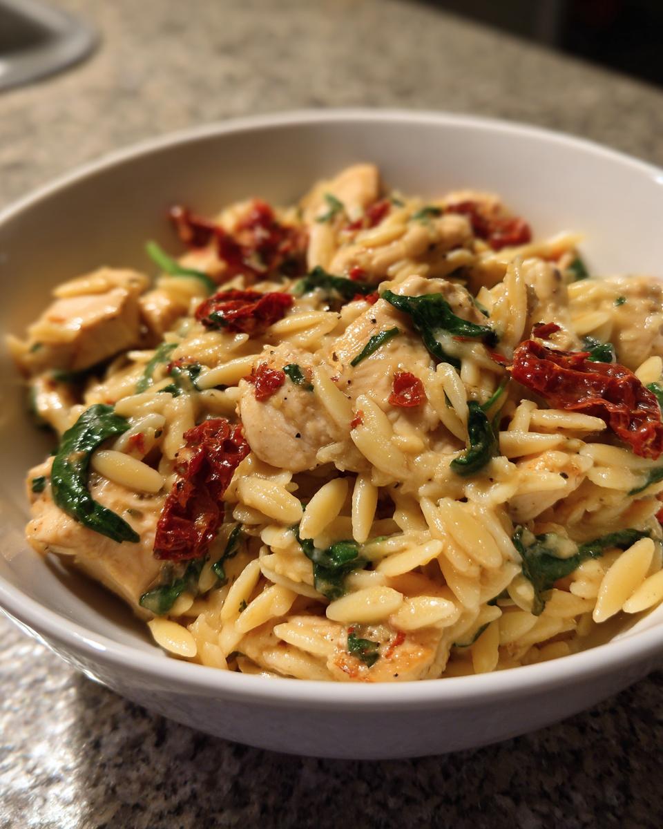 A close-up of a white bowl filled with creamy Tuscan chicken orzo pasta, featuring sun-dried tomatoes and spinach.