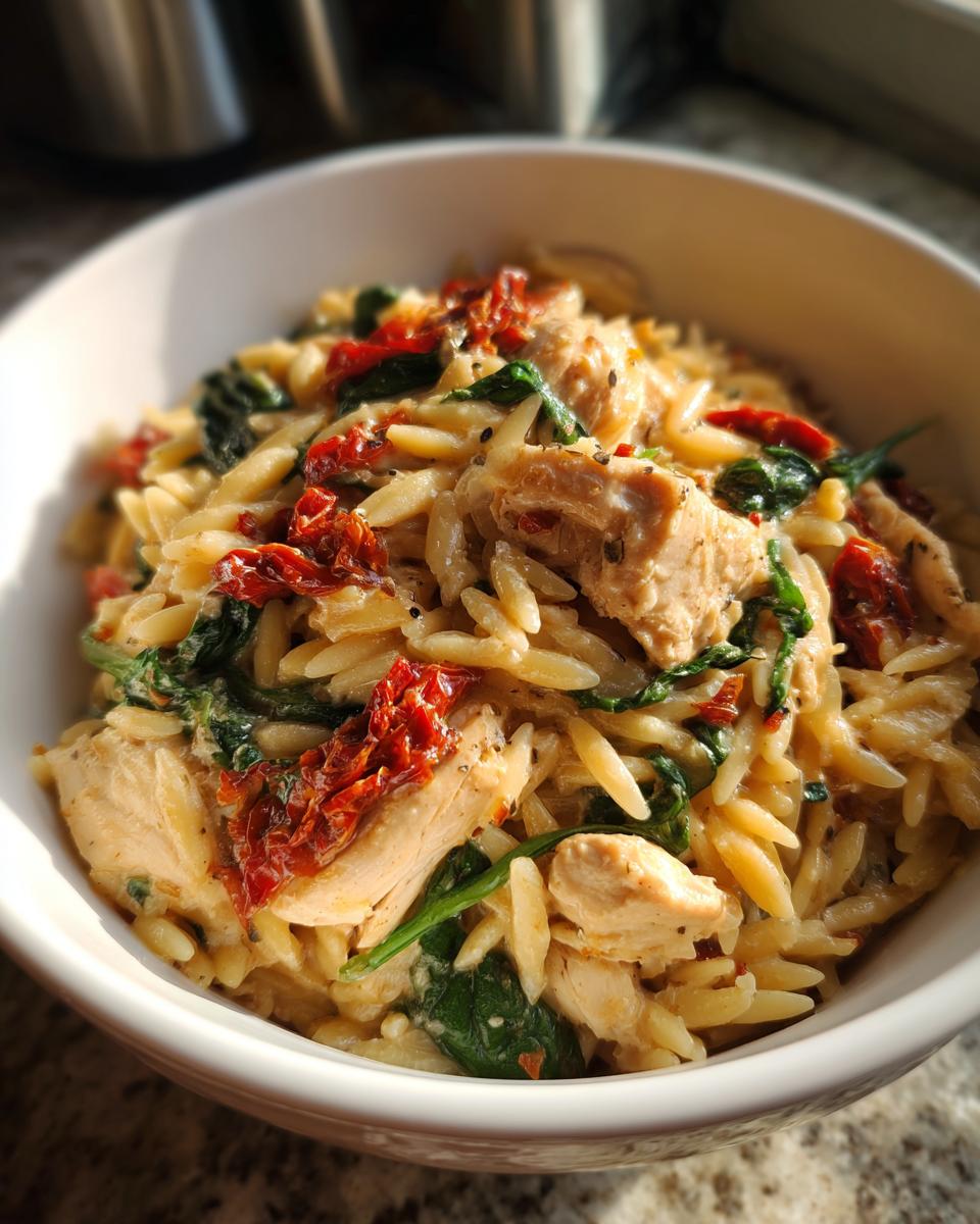 Close-up of a creamy bowl of Tuscan chicken orzo mixed with spinach and sun-dried tomatoes.