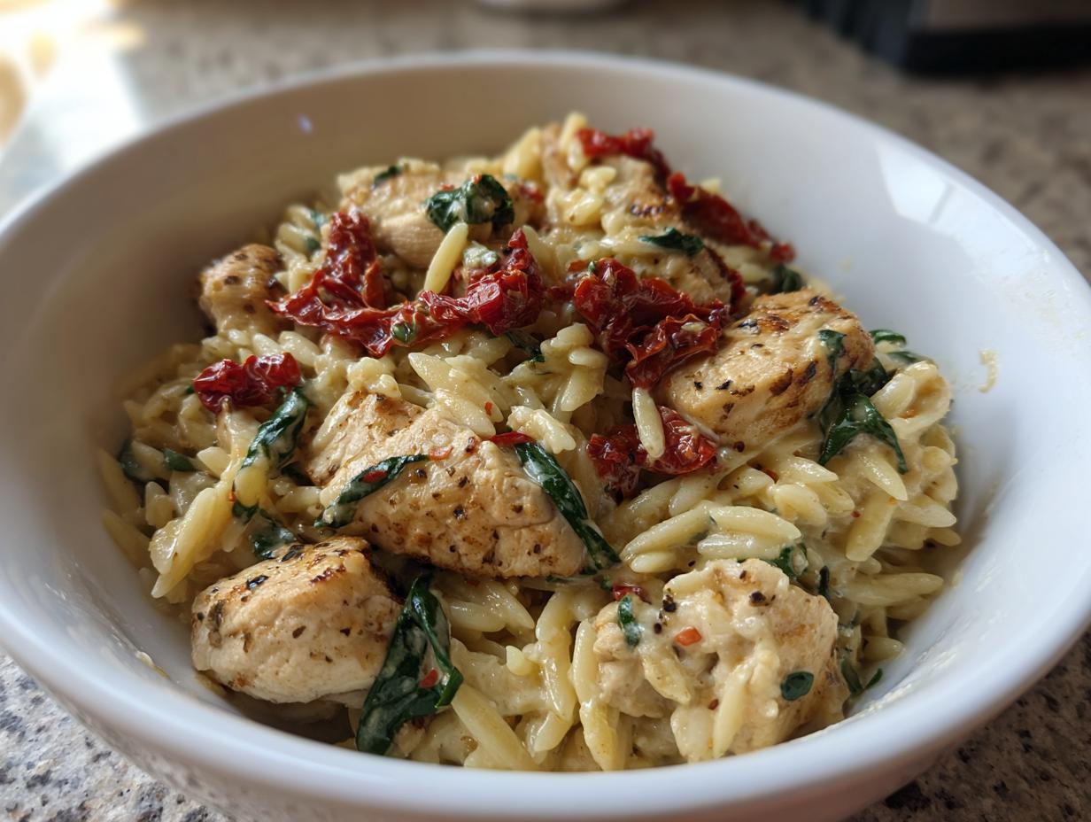A close-up view of a white bowl filled with creamy Tuscan chicken orzo pasta, featuring grilled chicken pieces and sun-dried tomatoes.