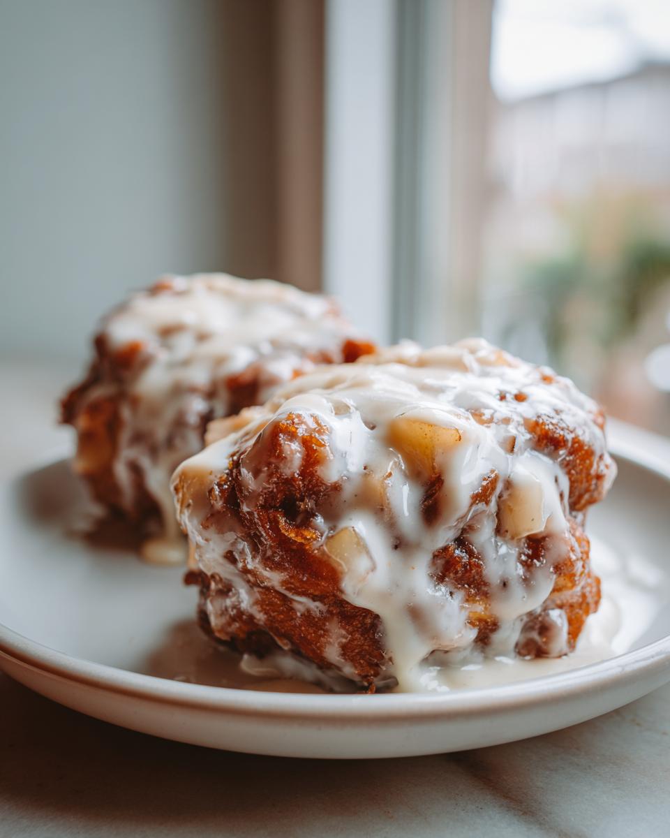Close-up of two delicious big apple fritters generously covered in thick white icing, sitting on a light-colored plate.