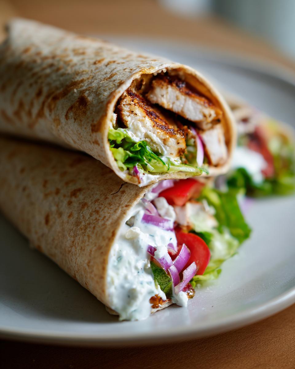 Close-up of two stacked mediterranean wrap halves filled with seasoned chicken, lettuce, tomato, red onion, and creamy tzatziki sauce.
