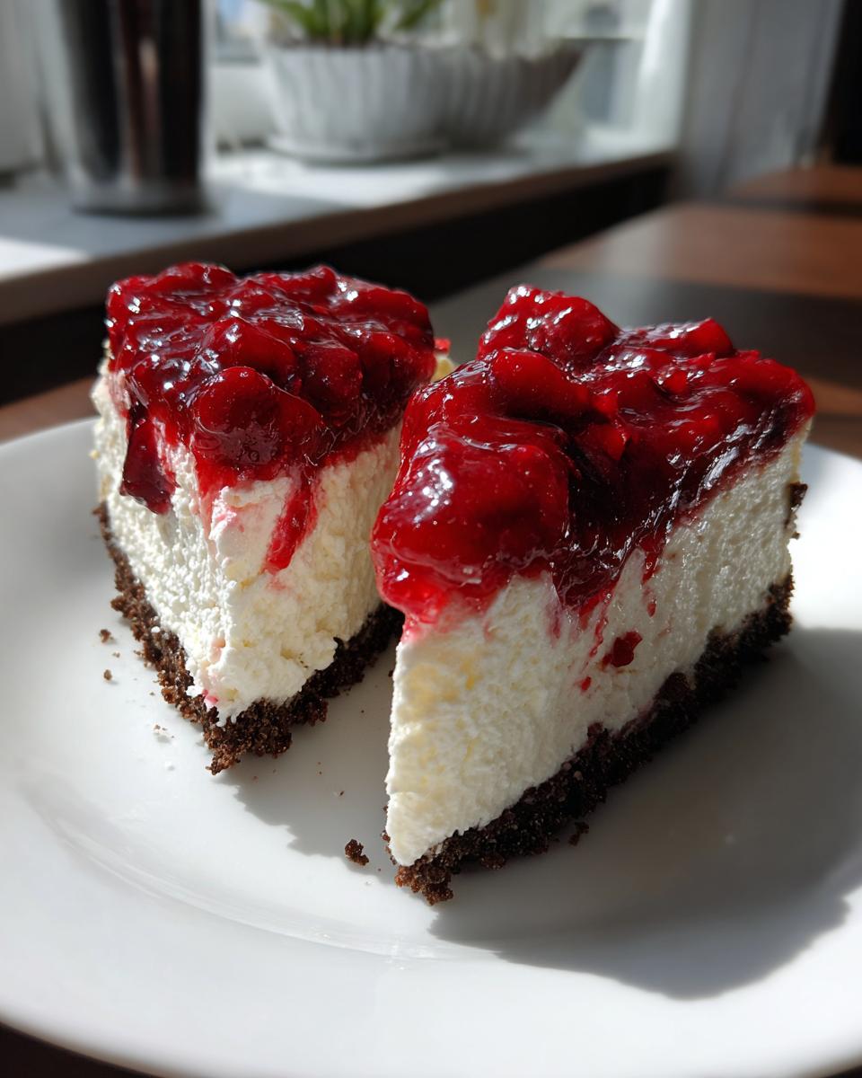 Two slices of creamy no-bake cherry cheesecake with a dark crust, served on a white plate in bright light.