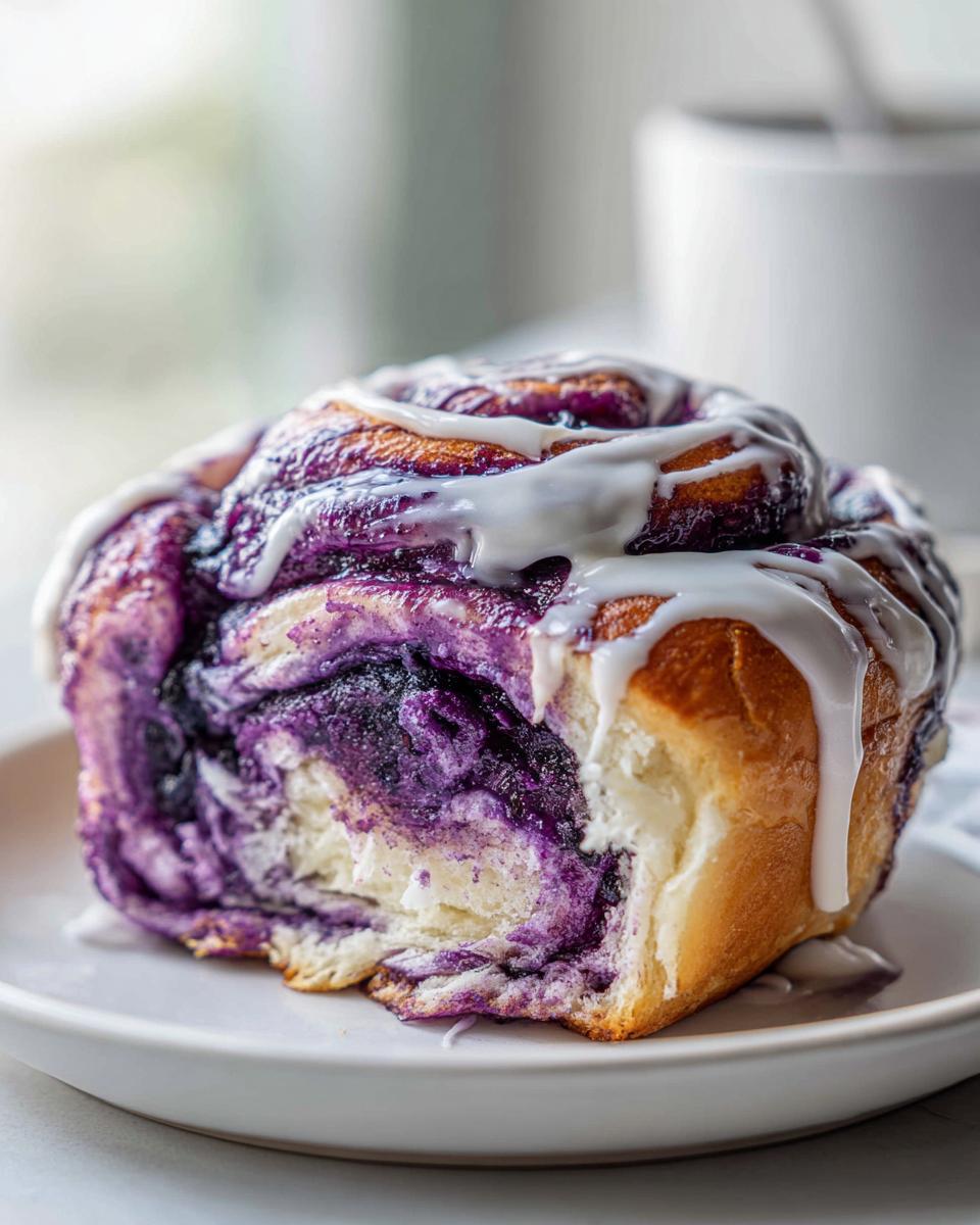 A close-up of a single, fluffy ube cinnamon rolls slice showing vibrant purple filling and white glaze dripping down.