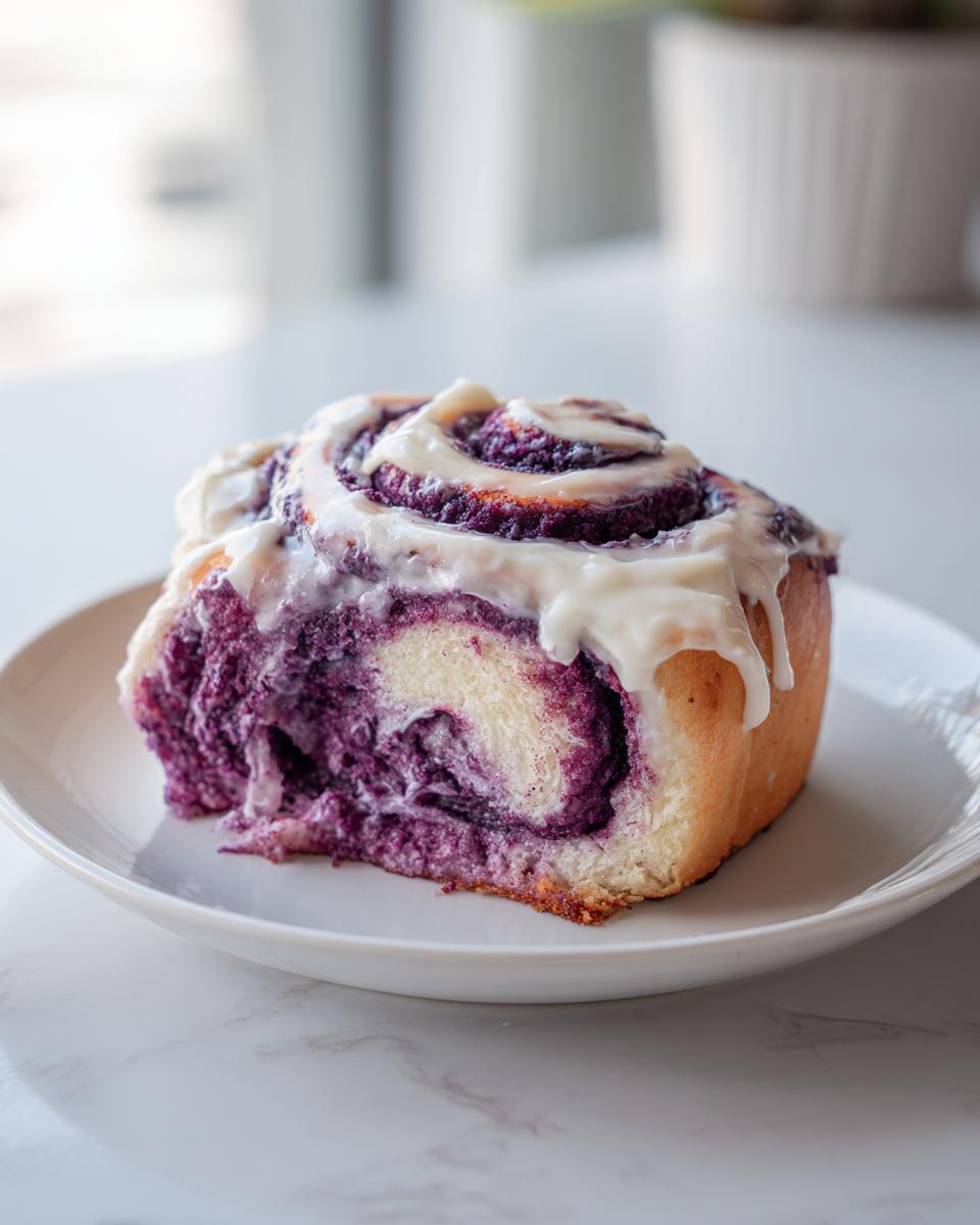 A close-up of a single, moist ube cinnamon rolls slice topped with white cream cheese frosting.