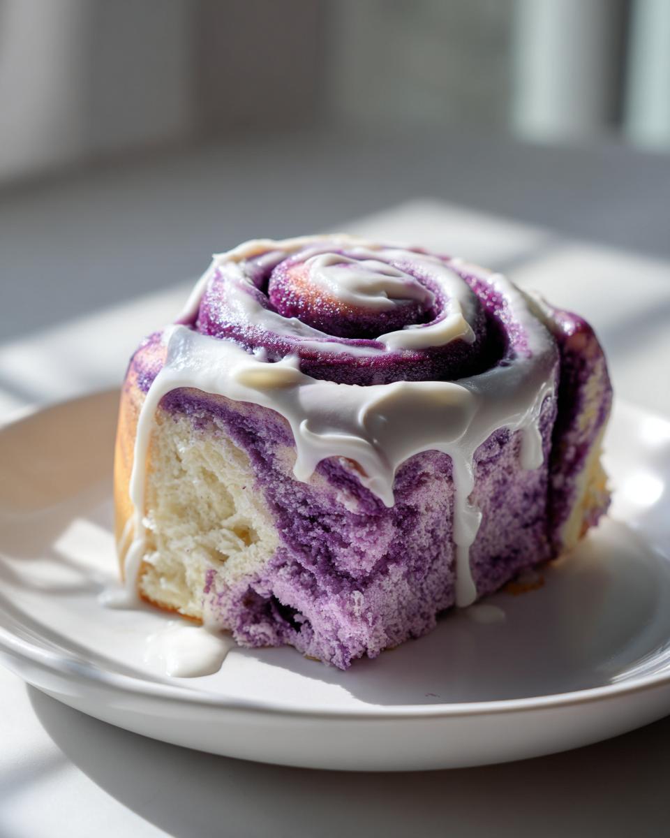 A single, soft ube cinnamon rolls slice topped with thick white icing, showing vibrant purple swirls.