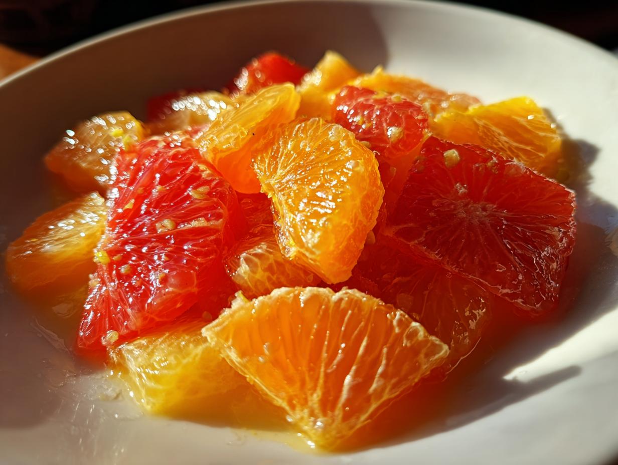 Close-up of vibrant orange and red citrus segments glistening in a white bowl, perfect for a citrus salad.