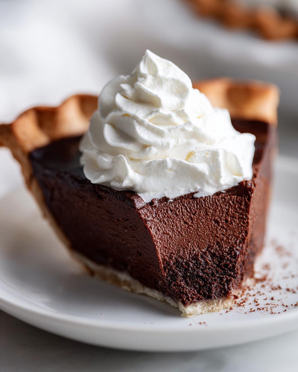 A close-up of a rich slice of chocolate pie topped with a generous swirl of whipped cream.