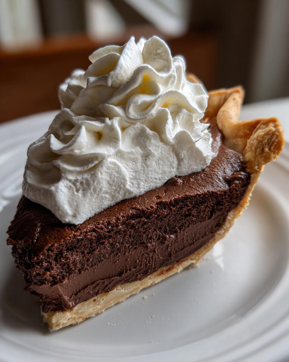 A decadent slice of ultimate chocolate pie featuring a rich, dark filling and topped with a swirl of fresh whipped cream.