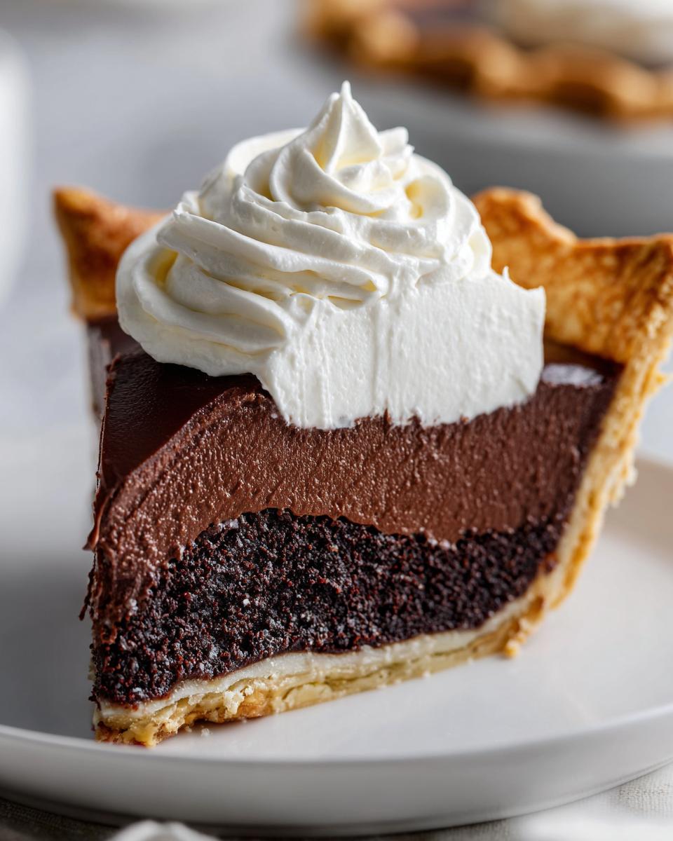 A decadent slice of ultimate chocolate pie featuring a dark crust, dense chocolate base, creamy chocolate layer, and topped with whipped cream.