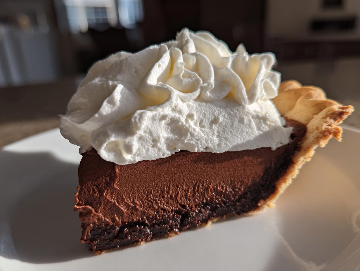A decadent slice of ultimate chocolate pie topped high with fluffy whipped cream, sitting on a white plate.