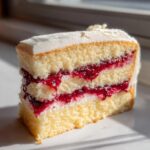 Close-up of a moist slice of vanilla raspberry layer cake showing three layers of vanilla sponge, raspberry filling, and white frosting.