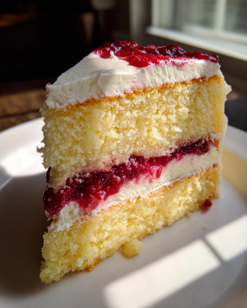Close-up of a moist slice of vanilla raspberry layer cake showing two layers of yellow cake, white frosting, and vibrant raspberry filling.