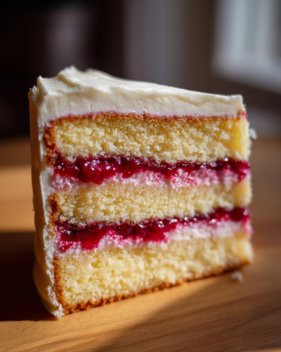 Close-up of a slice of vanilla raspberry layer cake showing three layers of sponge, raspberry filling, and white frosting.