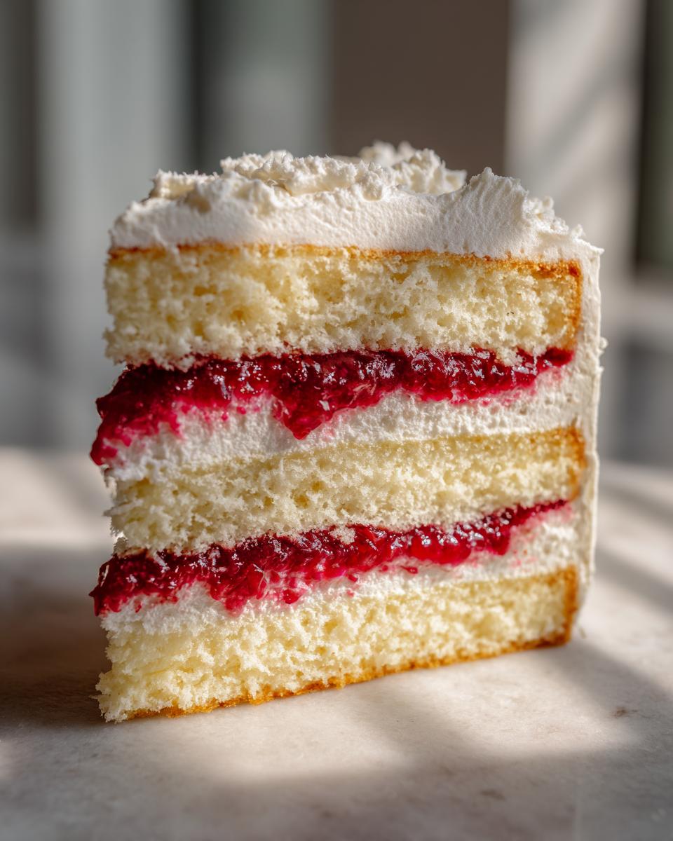 Close-up of a slice of vanilla raspberry layer cake showing three layers of white cake, raspberry filling, and white frosting.