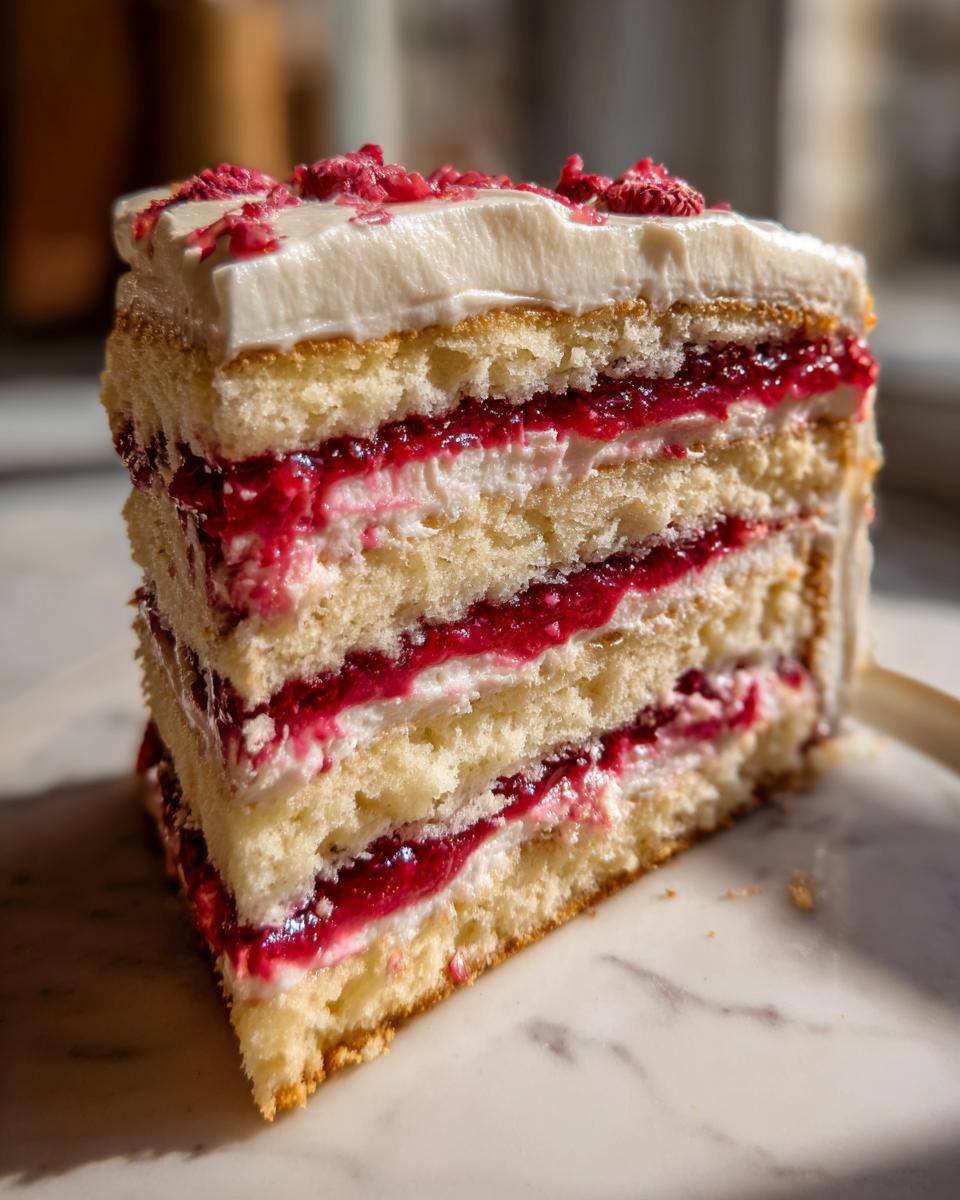Close-up of a slice of vanilla raspberry layer cake showing four layers of vanilla sponge, raspberry filling, and white frosting, topped with dried raspberries.