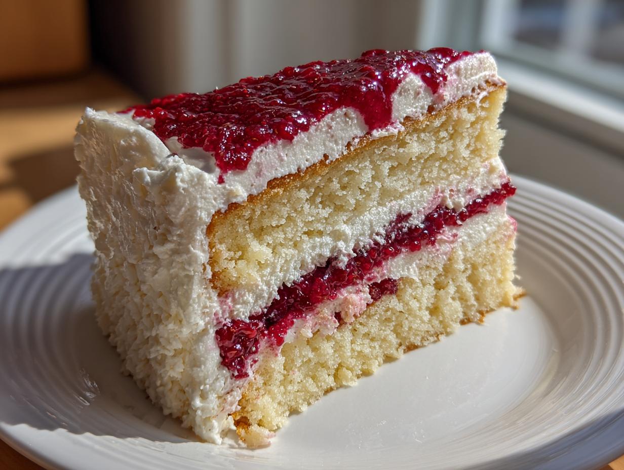A close-up slice of vanilla raspberry layer cake featuring three layers of yellow cake, white frosting, and bright red raspberry filling.