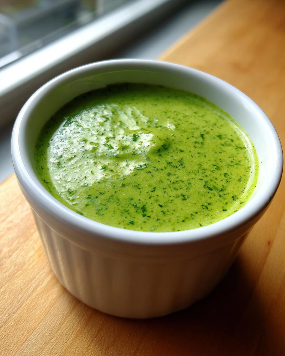 Close-up of bright green cilantro lime sauce served in a small white ramekin on a wooden surface.