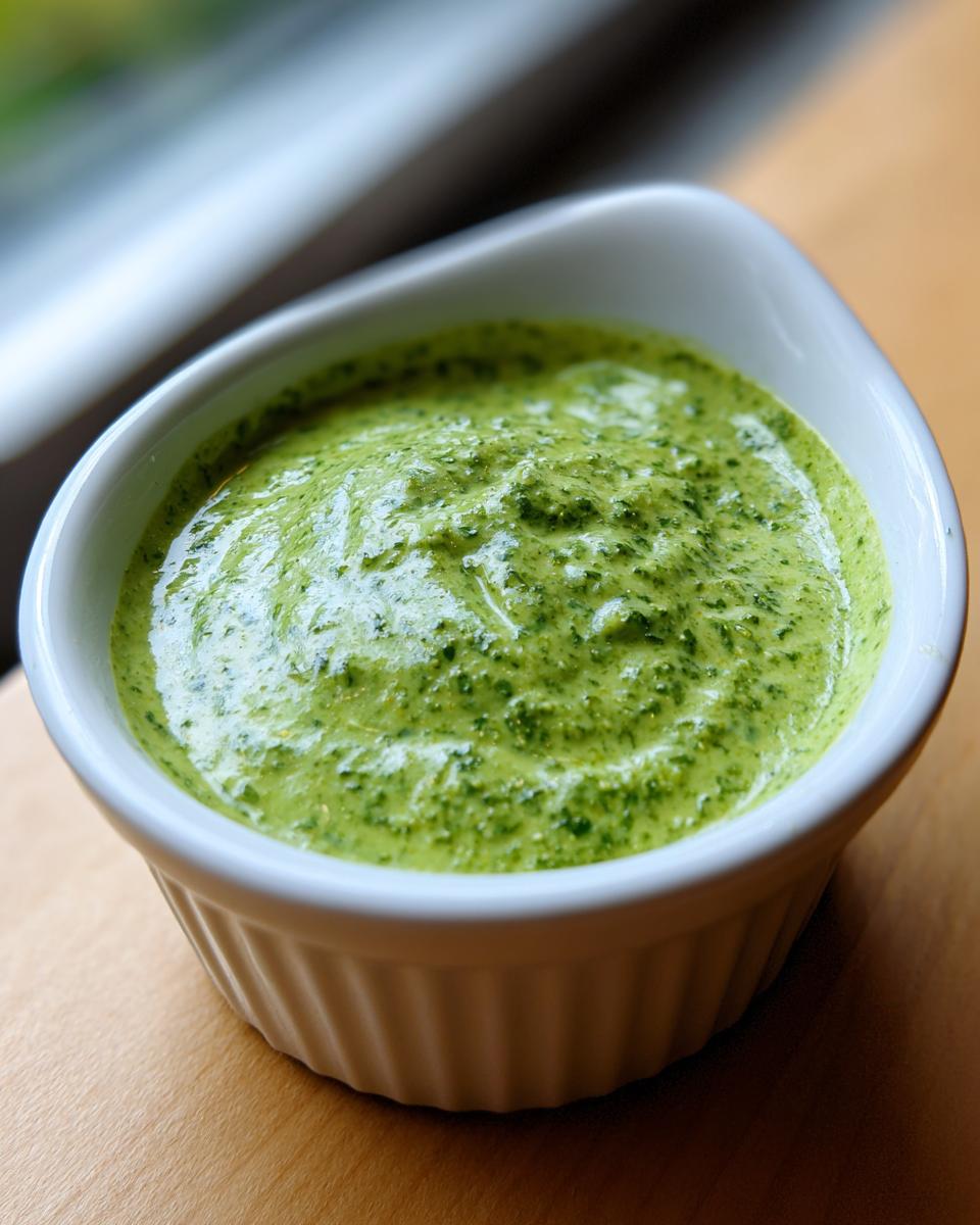Close-up of a vibrant green cilantro lime sauce with visible herb flecks, served in a small white fluted dipping bowl.