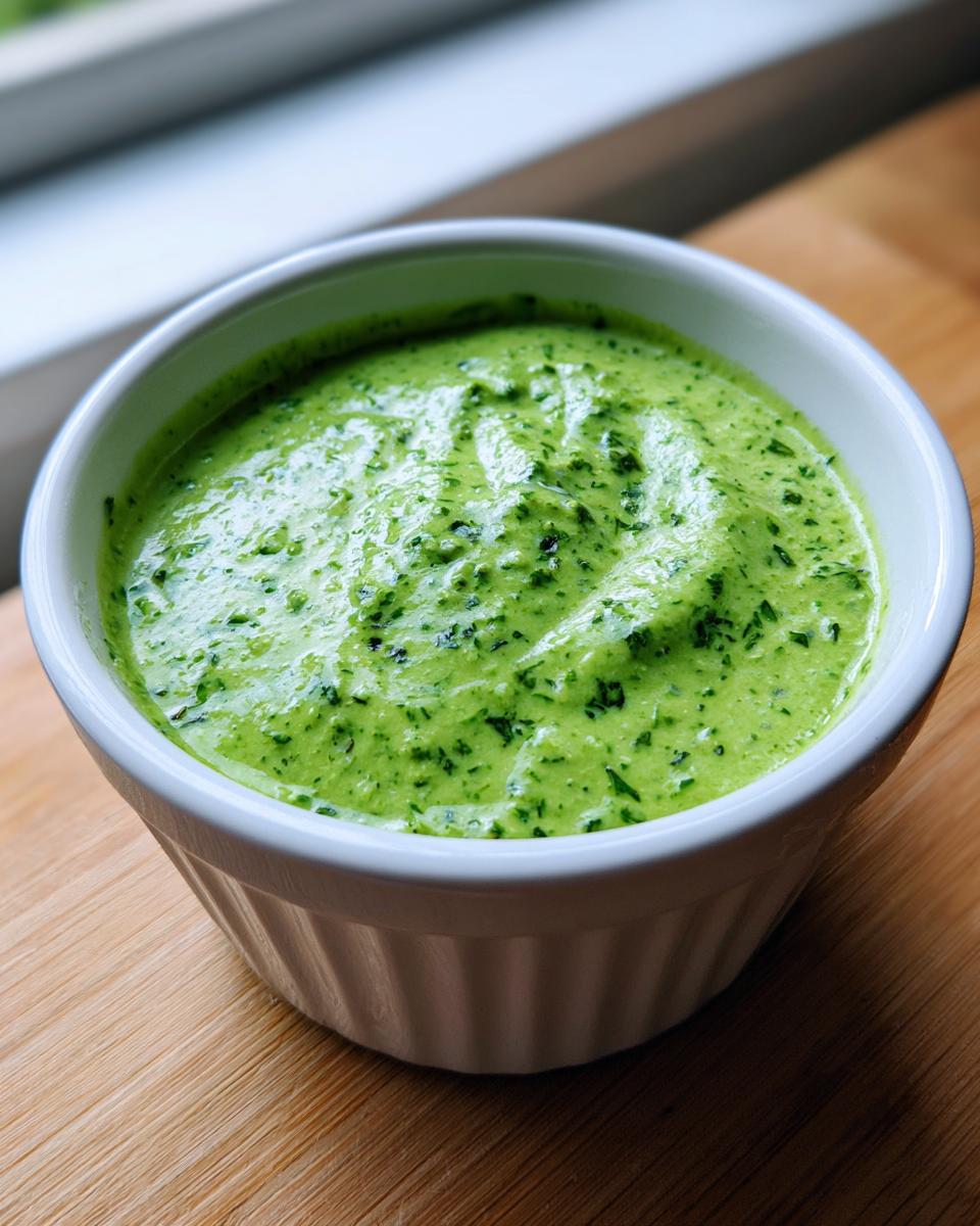 A close-up of thick, bright green cilantro lime sauce served in a small white fluted ramekin.