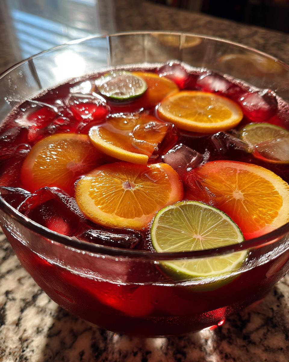 Close-up of a glass bowl filled with bright red firecracker punch, ice cubes, and floating slices of orange and lime.