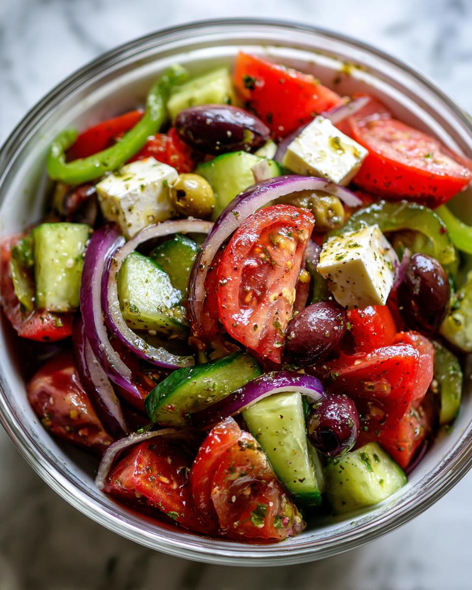 Close-up overhead shot of a bowl filled with a colorful greek salad featuring tomatoes, cucumbers, red onion, feta, and olives.