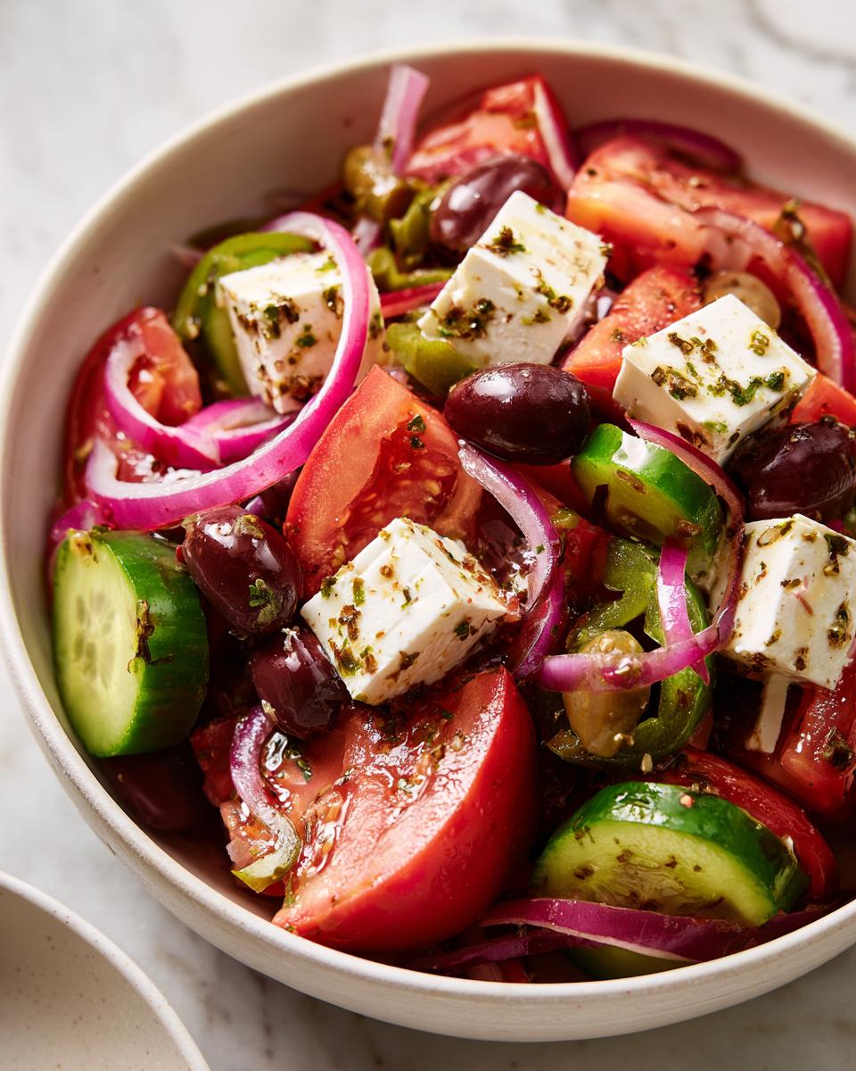 Close-up shot of a vibrant greek salad featuring large chunks of feta, tomatoes, red onion, cucumber, and Kalamata olives.