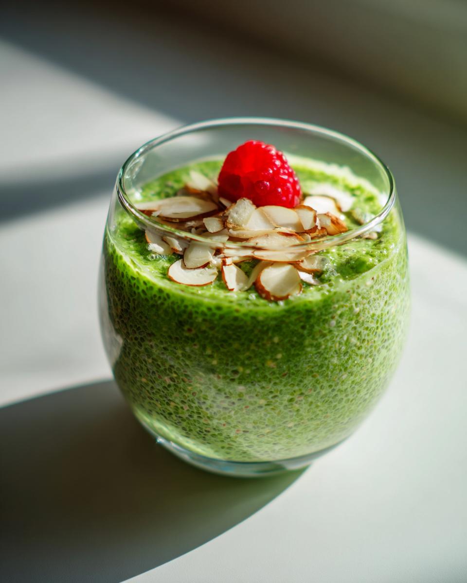 Close-up of bright green matcha chia pudding topped with sliced almonds and a fresh raspberry.