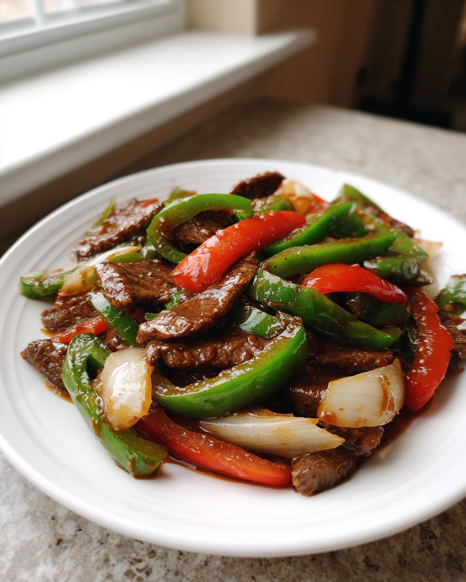 Close-up of glossy, savory pepper steak featuring strips of beef, bright green bell peppers, red peppers, and white onion slices.
