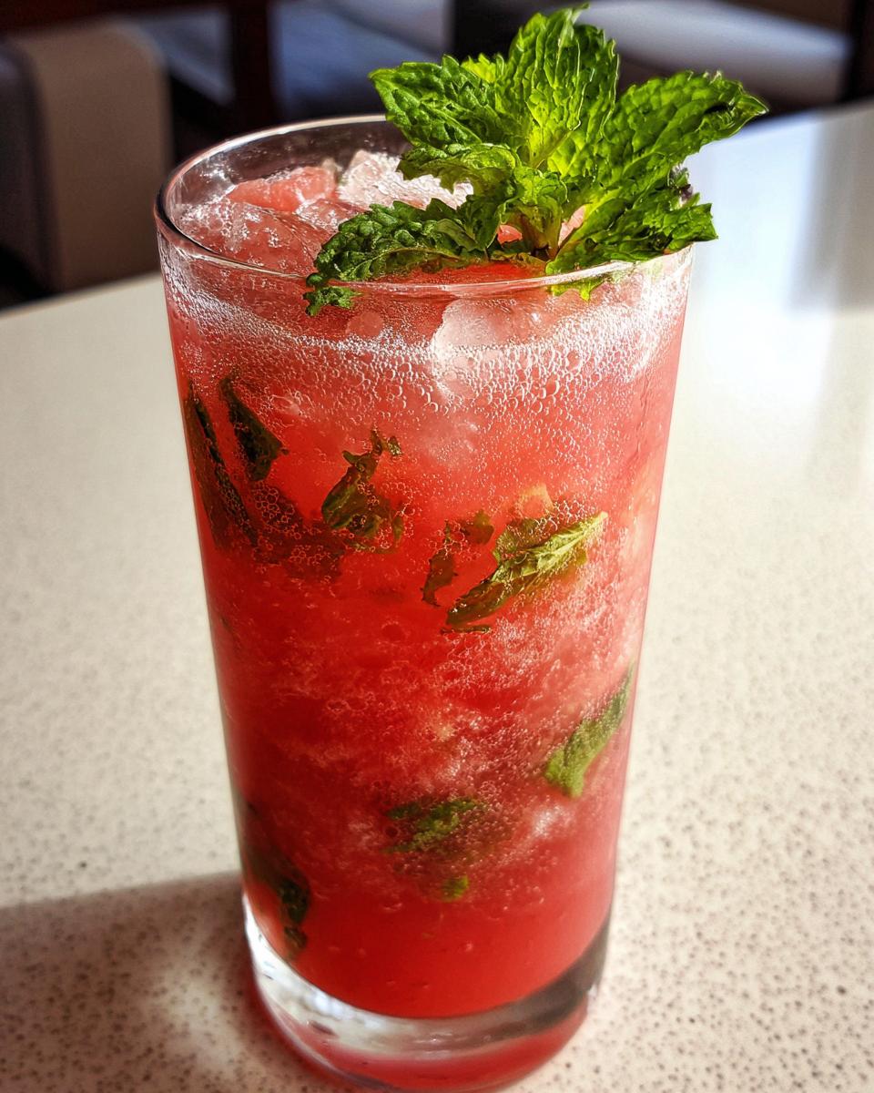 Close-up of a vibrant red watermelon mint mojito filled with crushed ice and garnished with fresh mint sprigs.