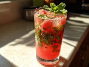 A tall glass filled with a vibrant watermelon mint mojito, featuring crushed mint, watermelon chunks, and ice.