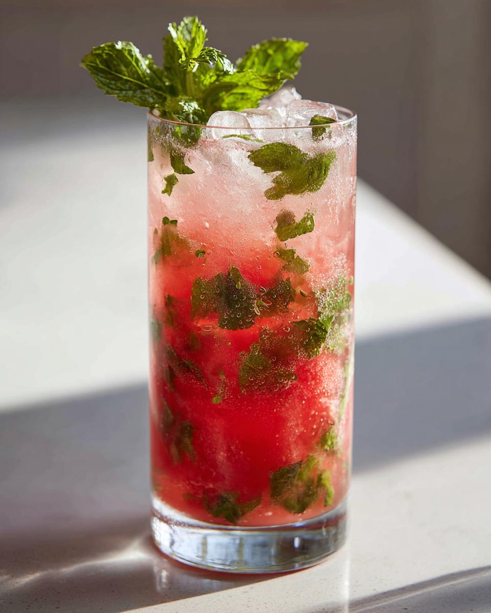 A tall glass filled with a vibrant red watermelon mint mojito, crushed ice, muddled mint leaves, and a mint sprig garnish.