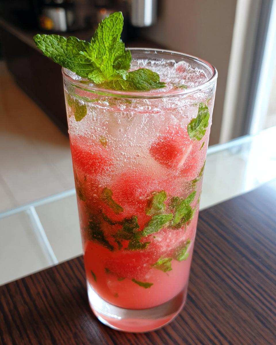 A tall glass filled with a bubbly watermelon mint mojito, featuring pink watermelon chunks and fresh mint leaves.