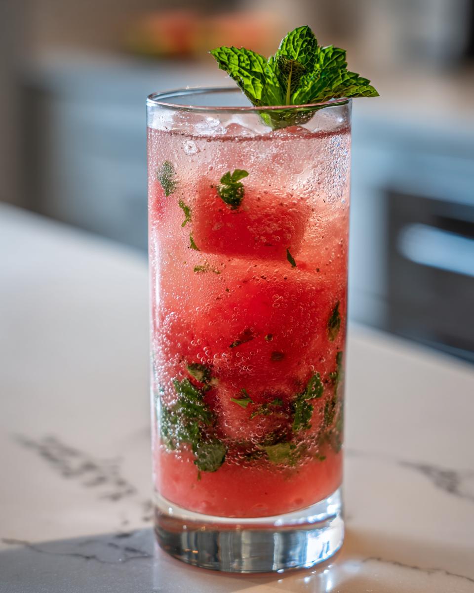 Close-up of a tall glass filled with a fizzy watermelon mint mojito, featuring watermelon chunks and fresh mint.