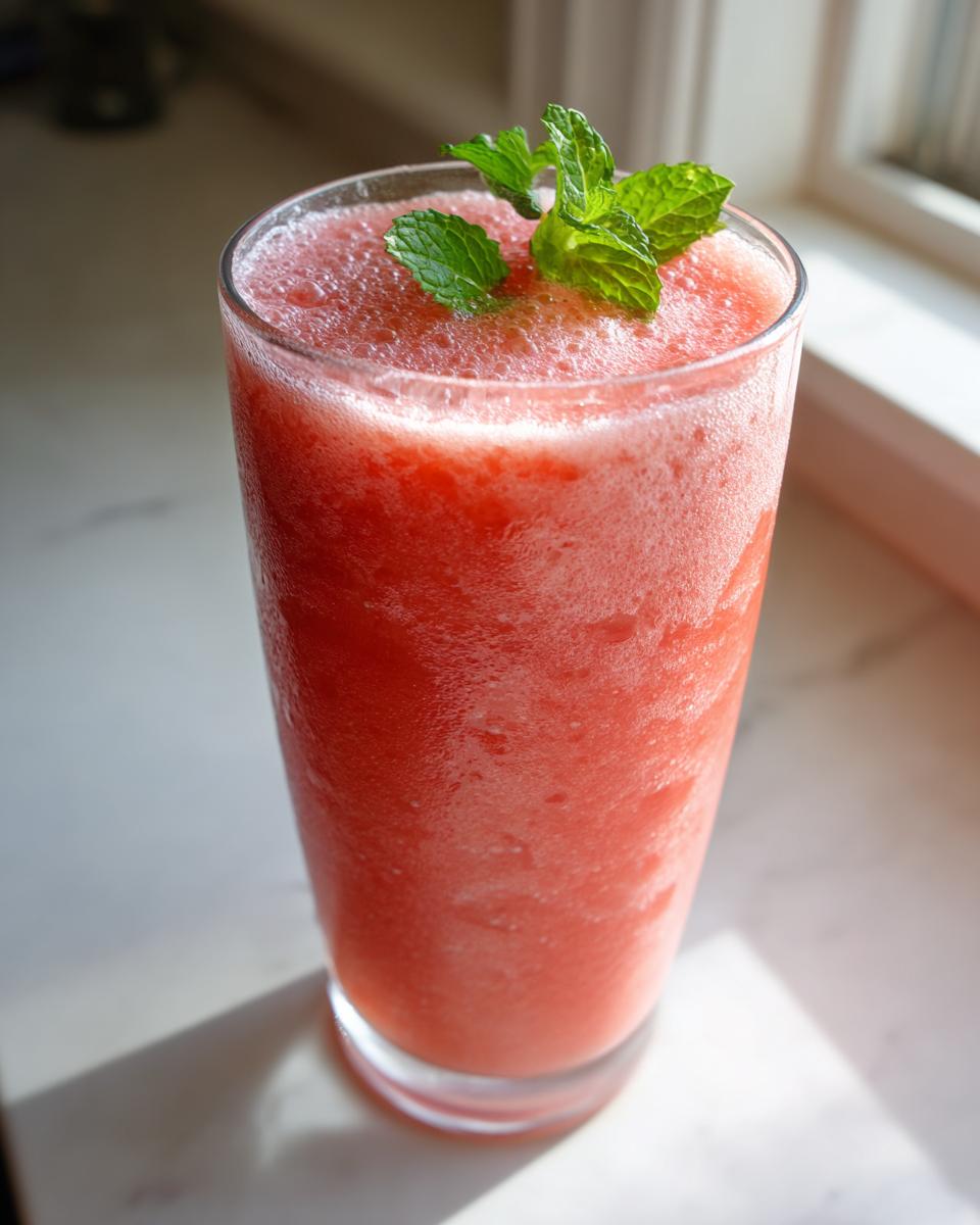 Close-up of a tall glass filled with a bright pink, icy watermelon smoothie, topped with fresh mint leaves.