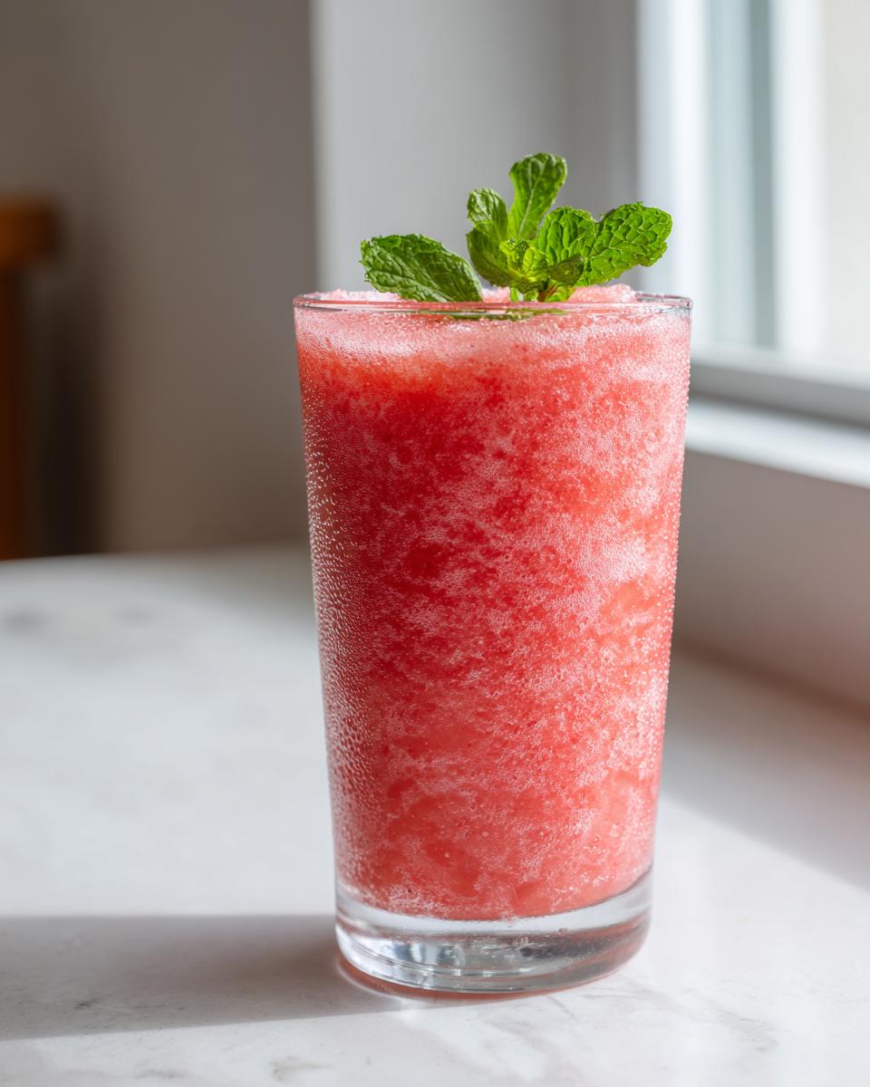 A tall glass filled with a bright red, icy watermelon smoothie, garnished with fresh mint leaves.