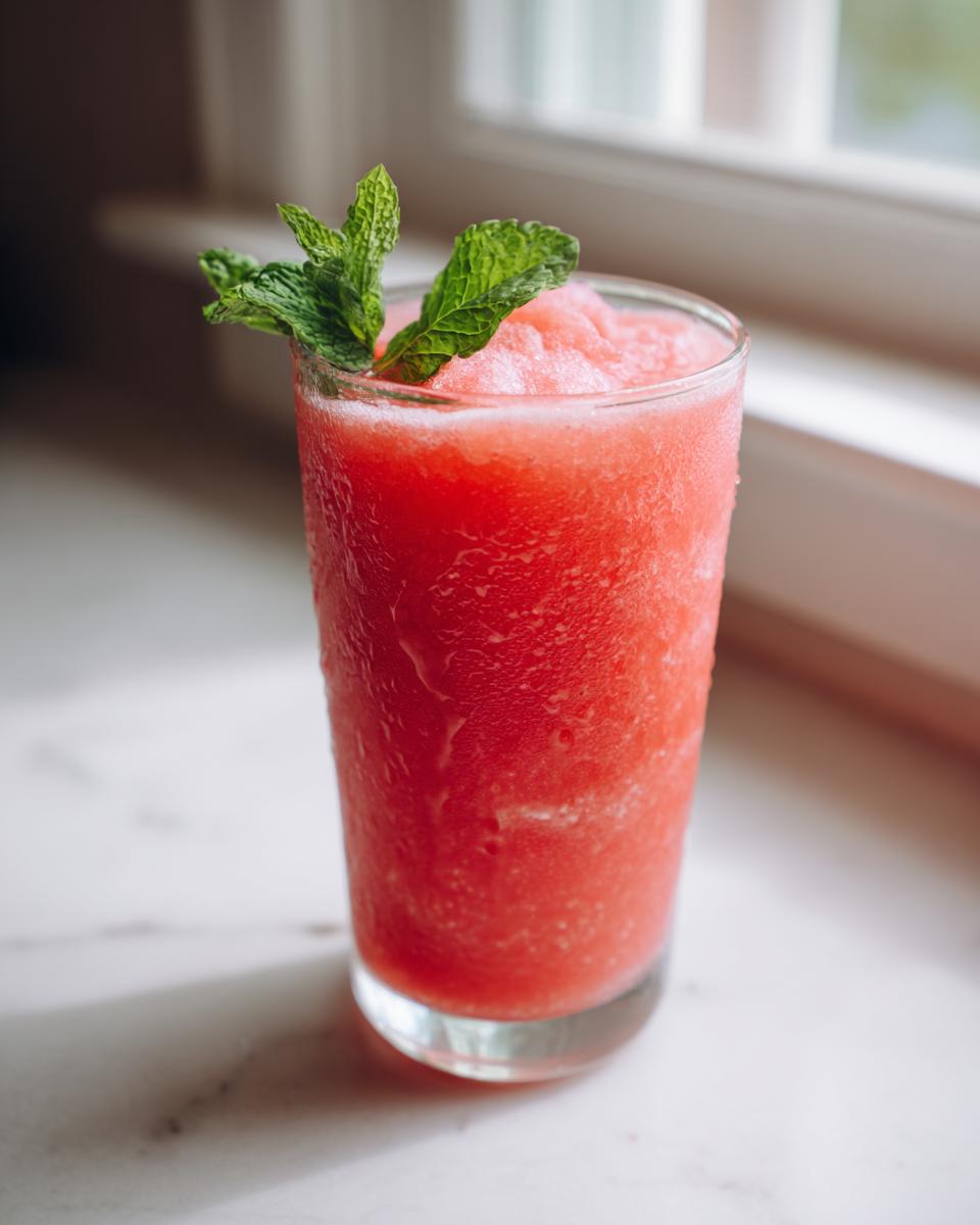 A tall glass filled with a bright red, icy watermelon smoothie, garnished with fresh mint leaves.