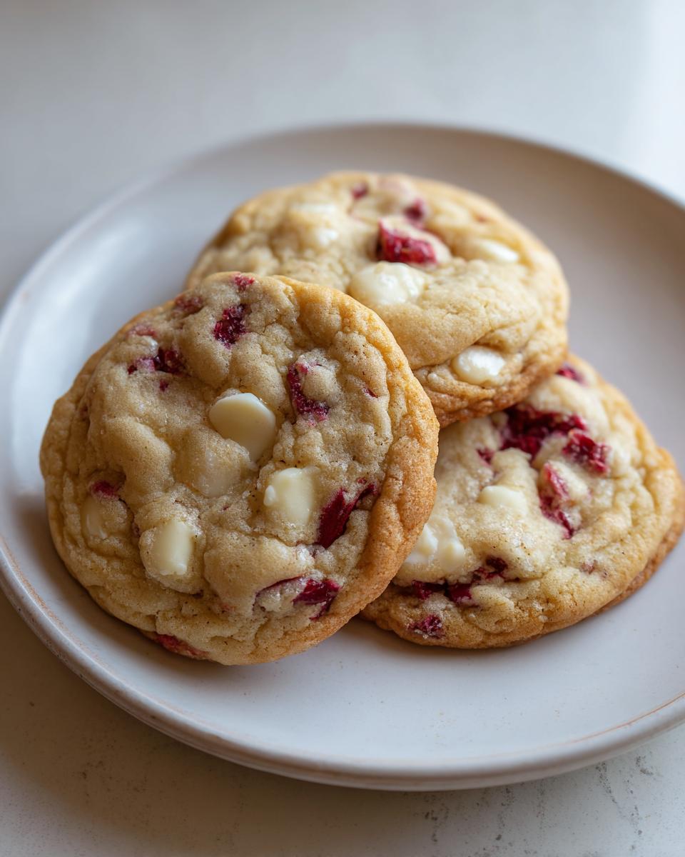 Three freshly baked white chocolate raspberry cookies stacked slightly on a light-colored plate.