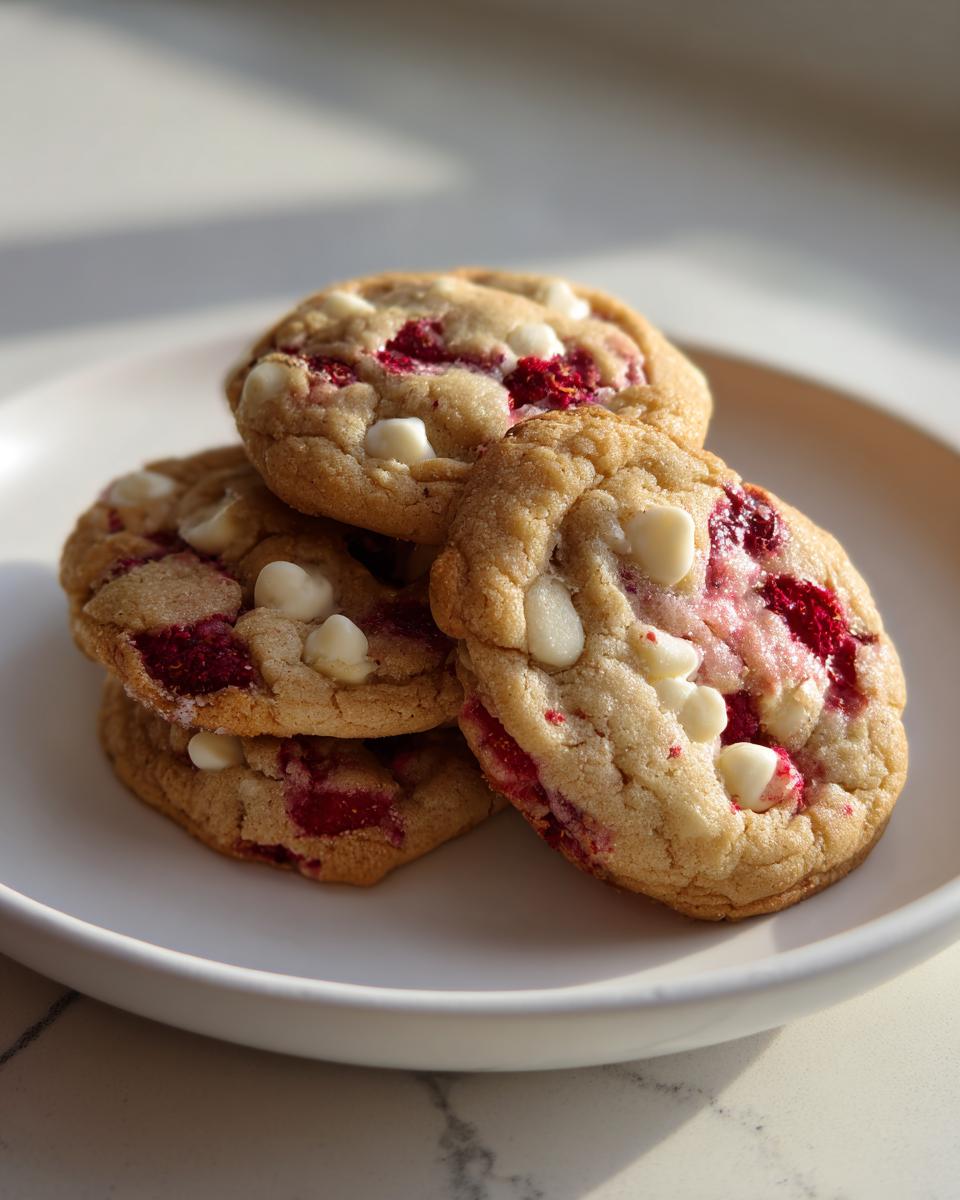 A stack of four freshly baked white chocolate raspberry cookies featuring visible white chocolate chips and bright red raspberry pieces.