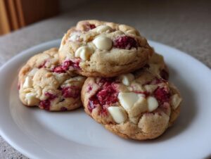 Close-up of several soft, chewy white chocolate raspberry cookies stacked on a white plate.